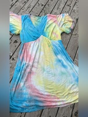 Pastel Tie-Dye V-Neck Flutter Sleeve Dress - Blue, Pink & Yellow